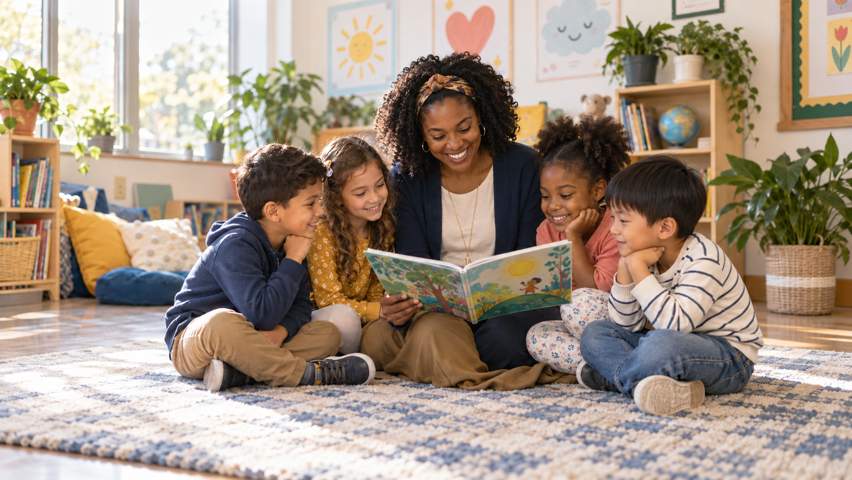 Teacher reading with young children in a classroom